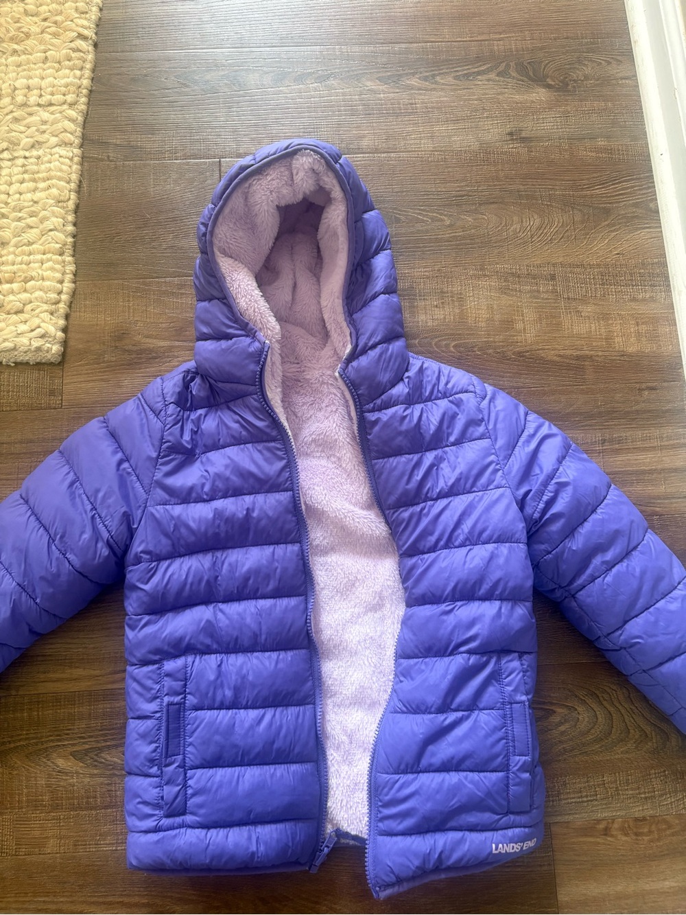 Lands' End Kids Purple Hooded reversible Puffer and fleece/plush Jacket, M (8)
